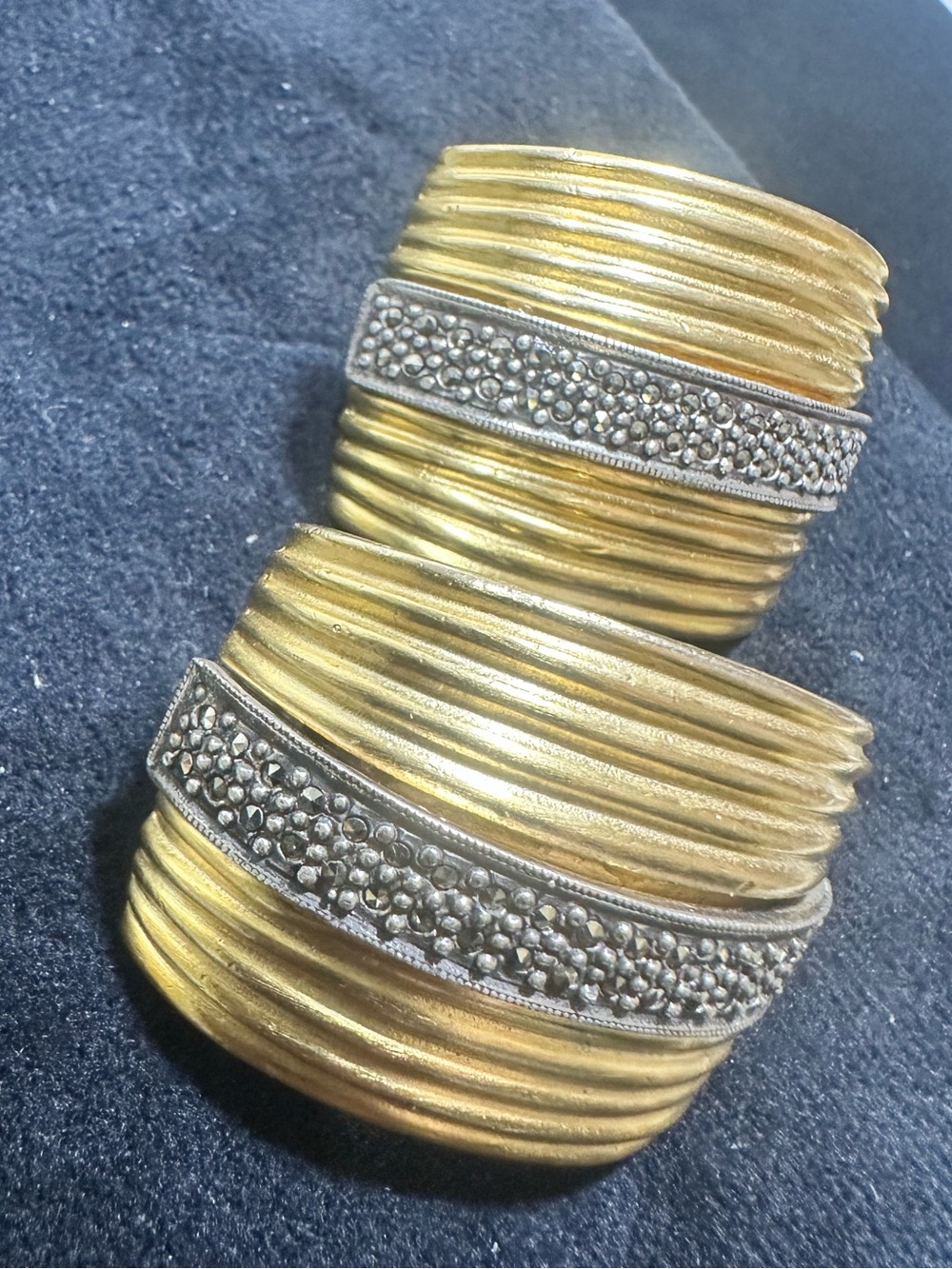 Vtg: JJ Judith Jack Gold Toned & Mercasite Oversized Curved 1/2” Hoop Earrings